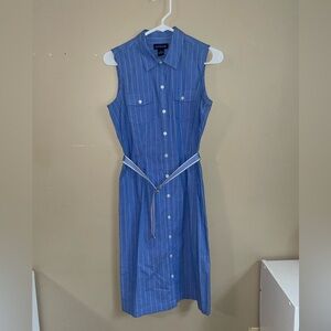 Ann Taylor Blue Pinstripe Sleeveless Shirt Dress with Tie Belt size 2